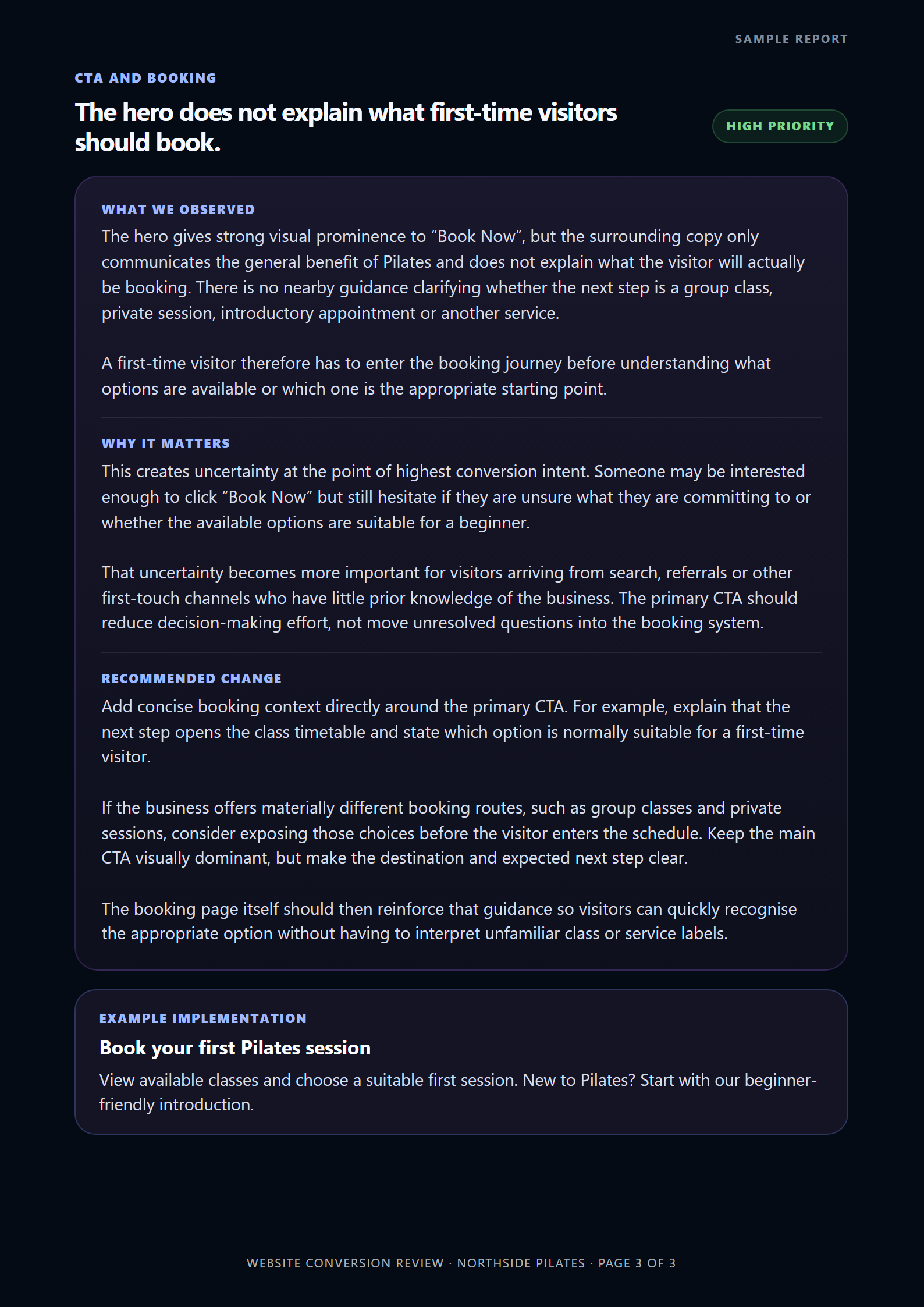 Sample Website Conversion Review detailed analysis page