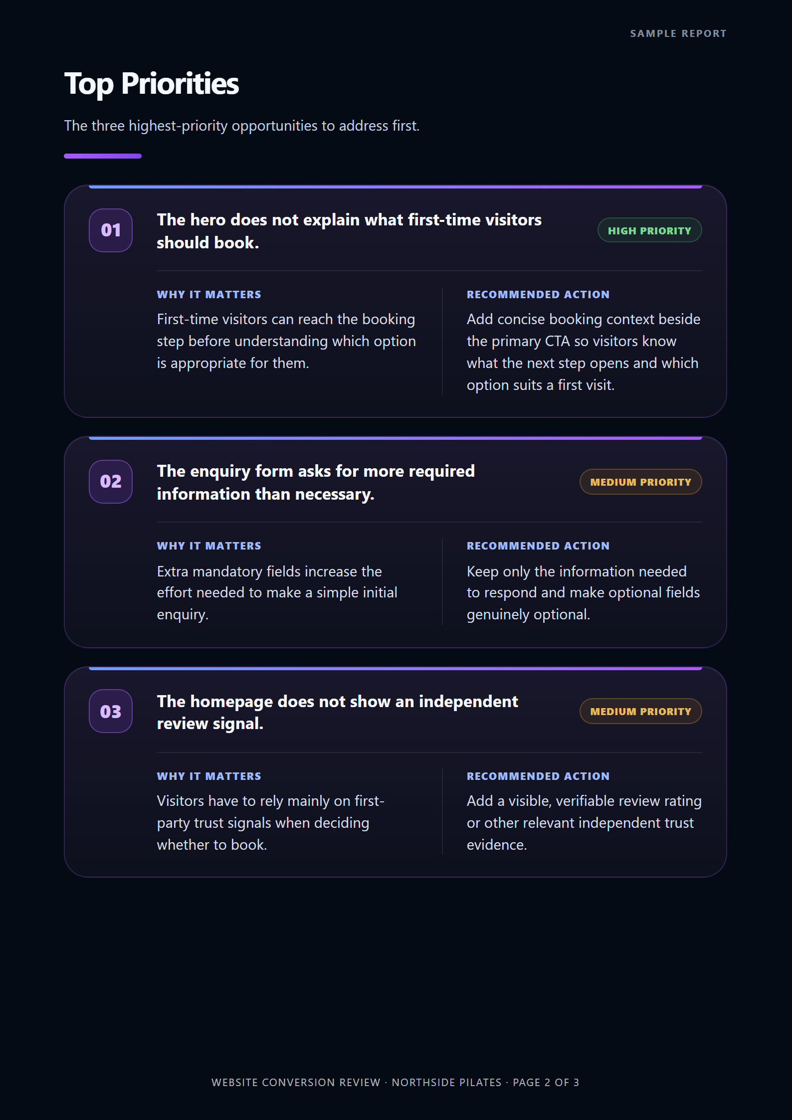 Sample Website Conversion Review top priorities page